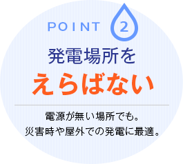 Point.2 発電場所をえらばない 電源が無い場所でも。災害時や屋外での発電に最適。